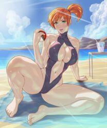 1girls arttoru barefoot beach big_boobs big_breasts bikini boobs cameltoe clouds drink female female_only green_eyes huge_breasts kasumi_(pokemon) large_breasts legs legs_apart ocean orange_hair pokemon ponytail sand solo sunlight swimsuit table thick thick_thighs thighs tomboy towel voluptuous rating:Questionable score:147 user:Misty_lover