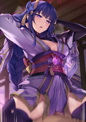 1boy 1girls arms_behind_head arms_up bangs braid braided_ponytail breasts bridal_gauntlets cleavage cowgirl_position dark-skinned_male dark_skin female genshin_impact hair_ornament highres japanese_clothes kimono large_breasts light-skinned_female light_skin long_hair long_sleeves mole mole_under_eye obi off_shoulder purple_eyes purple_hair purple_kimono purple_thighhighs raiden_shogun sash sex shrug_(clothing) sitting sitting_on_person solo_focus straddling straight thighhighs thighs tsuki_tokage very_long_hair vision_(genshin_impact) wide_sleeves rating:Explicit score:81 user:bot