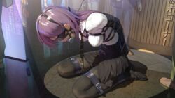 armbinder belt bit_gag blindfold bondage display display_case displaying drooling frogtie gag gagged harness harness_bit_gag public_exposure public_humiliation purple_hair tokinohimitsu rating:Explicit score:163 user:Aleslo