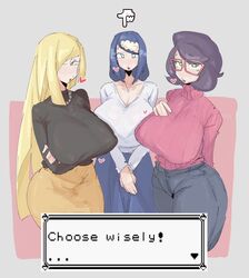 3girls big_breasts black_shirt blonde_hair blue_eyes blue_hair blue_pants bottomwear breasts cougar english_text eyewear female female_only game_freak game_mechanics glasses green_eyes hair heart hips huge_breasts lana's_mother_(pokemon) leebongchun long_hair lusamine_(pokemon) mature mature_female mature_woman milf mother neckwear pants pointing pokemon pokemon_sm purple_hair purple_shirt shirt take_your_pick text text_box topwear white_shirt wicke_(pokemon) yellow_pants rating:Questionable score:453 user:daft_human