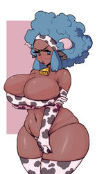 1girls afro big_breasts big_hair bikini bikini_bottom bikini_top blue_eyes blue_hair blush blush_lines blushing bottomwear braless breast_hold breasts cleavage covering_breasts covering_crotch cow_bell cow_ears cow_horns cow_print cow_print_armwear cow_print_bikini cow_print_gloves cow_print_thighhighs cow_tag cowbell cowgirl cowkini cowprint dark-skinned_female dark_skin embarrassed female female_only game_freak hair hairband headband horns huge_breasts kinky_hair large_breasts leebongchun lenora_(pokemon) lips lipstick mature mature_female mature_woman milf mob_face mother navel neckwear pokemon pokemon_bw red_lips red_lipstick sleeves solo solo_female swimsuit swimwear teal_hair thick_thighs thighhighs thighs topwear white_background rating:Explicit score:199 user:daft_human