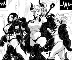 3girls alternate_outfit big_breasts bikini_bottom black_and_white bocodamondo bodysuit breasts busty cleavage clothed clothing crop_top cropped_jacket curvy earrings egghead eyelashes female female_only gloves grin groin hair_ornament hand_on_hip headphones high_ponytail horns jumpsuit lewdamone long_hair long_sleeves looking_at_another monochrome multicolored_hair multiple_girls navel nico_robin no_pants one_piece open_clothes ponytail post-timeskip short_hair sidelocks skimpy skimpy_clothes smile stomach talking talking_to_another thick_thighs thighs thong vegapunk_lilith voluptuous walking yamato_(one_piece) rating:Questionable score:388 user:Mr.Moon