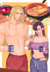 1boy 1boy1girl blonde_hair blue_eyes breakfast cascanora coffee coffee_mug cooking couple elezen elf feminine_male final_fantasy final_fantasy_xiv larger_male male male_human/female_elf morning pointy_ears protein_bar snack topless_male wholesome zenos_yae_galvus rating:Safe score:17 user:uploadstuff