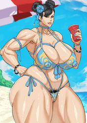 1girls asian_female beach big_breasts bikini chun-li cyberboi female female_only hair_bun human muscular_female nipple_bulge pubic_hair solo street_fighter thick_thighs venus_body rating:Explicit score:214 user:Snakes2000_