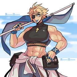 abs blonde_hair blue_eyes blue_lipstick crop_top cross eyepatch flag genderbent genderswap_(mtf) guilty_gear guilty_gear_strive loggus_doggus muscular muscular_female nail_polish rule_63 shiny_skin short_hair sin_kiske rating:Questionable score:64 user:Log_draws