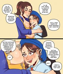 2girls big_breasts blush blushing brown_hair comic dialogue english_text female_only freaking_out hug humor implied_gangbang implied_sex incest juliana_(pokemon) milf mother mother_(pokemon_sv) mother_and_child mother_and_daughter multiple_girls nervous nervous_face nervous_smile nervous_sweat open_mouth pokemon pokemon_sv speech_bubble sweatdrop text wingedwasabi rating:Questionable score:457 user:Anonymous77