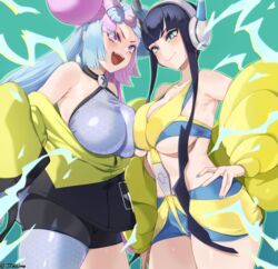 2girls absurd_res alternate_breast_size black_hair blue_eyes blue_hair breasts elesa_(pokemon) female female_only game_freak gym_leader hand_on_hip headphones hips iono_(pokemon) jtveemo large_breasts light-skinned_female light_skin long_hair long_sleeves nintendo pink_eyes pink_hair pokemon pokemon_(franchise) pokemon_(game) pokemon_bw2 pokemon_sv slim_waist symmetrical_docking thick_thighs thighs two_tone_hair wide_hips rating:Questionable score:319 user:Azure_Shadow