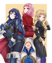 1boy 3girls ass bangs big_ass blonde_hair blue_eyes blue_hair blush braid breasts cape female fingerless_gloves fire_emblem fire_emblem:_three_houses fire_emblem_awakening fire_emblem_fates fire_emblem_heroes garreg_mach_monastery_uniform gloves green_eyes hair_between_eyes harem hetero highres igni_tion ingrid_brandl_galatea japanese_clothes kiran_(fire_emblem) kiran_(fire_emblem)_(male) long_hair looking_at_viewer low_twintails lucina_(fire_emblem) medium_breasts mitama_(fire_emblem) multiple_girls nintendo pink_hair sitting sitting_on_head sitting_on_person small_breasts smile star-shaped_pupils star_(symbol) surrounded_by_ass symbol-shaped_pupils thighs tiara twintails rating:Questionable score:61 user:goldyroger