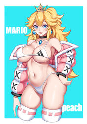 1girls bikini blonde_hair blue_eyes breasts choker cropped_jacket crown earrings hand_on_hip highleg highleg_bikini highleg_swimsuit jacket large_breasts looking_at_viewer mario_(series) midriff navel nintendo nipple_bulge pink_jacket ponytail princess_peach swimsuit thighhighs underboob white_bikini white_swimsuit winter_peach_(driverbunny37) xiao_gen rating:Questionable score:151 user:gusat