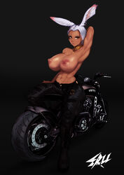 1girls 2022 2d animal_ears areolae arm_up big_breasts breasts clothed clothing dark-skinned_female dark_skin eru-sama female female_only final_fantasy final_fantasy_xiv full_body hi_res huge_breasts humanoid kemonomimi looking_at_viewer motorcycle muscular muscular_female nipples original_character pants partially_clothed short_hair sitting solo topless viera white_hair rating:Explicit score:29 user:Tag-orum