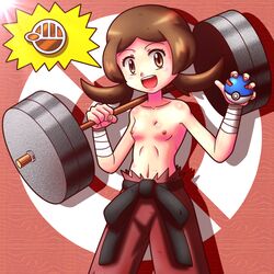 badge bandage barbell beige_skin black_belt breasts brown_eyes brown_hair casual_topless chuck_(pokemon) clothes color cosplay female female_only front_view great_ball gym_badge_(pokemon) gym_leader_(cosplay) hair holding holding_poke_ball human looking_at_viewer lyra_(pokemon) nipples open_eyes open_mouth pants poke_ball pokemon pokemon_hgss rorretsim small_breasts solo standing storm_badge topless topless_female weights rating:Questionable score:14 user:bot