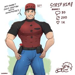 bulge clothed clothes courier_(pokemon) dialogue dilf english_text enzobara gay himbo male male_only muscles muscular muscular_male npc_trainer pokemon pokemon_sv skin_tight smile smiling smiling_at_another smiling_at_viewer strip_game thigh_clothes rating:Safe score:42 user:deleted101762