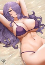 1girls absurdres alternate_costume armpits arms_behind_head artist_logo artist_name artist_signature beach bikini breasts camilla_(fire_emblem) cleavage commentary english_commentary female female_only fire_emblem fire_emblem_fates grin hair_over_one_eye highres huge_breasts kaos_art light-skinned_female light_skin long_hair lying navel nintendo on_back outdoors patreon_username pink_eyes pink_lips purple_bikini purple_hair purple_swimsuit smile solo swimsuit thick_thighs thighs voluptuous water wavy_hair wet wide_hips rating:Questionable score:168 user:Azure_Shadow