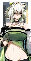 animal_ears arknights asymmetrical_hair bare_shoulders breasts cat_ears closed_mouth clothes_pull cowboy_shot detached_collar detached_sleeves dress dress_pull female frown gin_moku glaring green_dress green_eyes groin hair_intakes highres jewelry kal'tsit_(arknights) large_breasts light_green_hair looking_at_viewer medium_hair multicolored_hair navel oripathy_lesion_(arknights) pendant pulled_by_self ring see-through see-through_sleeves shaded_face sidelocks solo stomach white_hair rating:Questionable score:91 user:Annnnra29