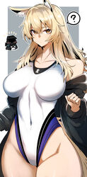 1other ? alternate_costume animal_ear_fluff animal_ears arknights bangs bare_shoulders big_breasts blonde_hair blush breasts busty chibi collarbone competition_swimsuit covered_navel cowboy_shot curvaceous curvy doctor_(arknights) female female_focus gin_moku hair_between_eyes highleg highleg_swimsuit highres horse_ears horse_girl horse_tail huge_breasts jacket jacket_partially_removed kingdom_of_kazimierz_logo large_breasts light-skinned_female light_skin long_hair looking_at_viewer massive_breasts nearl_(arknights) one-piece_swimsuit open_clothes open_jacket orange_eyes solo solo_focus spoken_question_mark swimsuit thick_legs thick_thighs thighs voluptuous wide_hips rating:Questionable score:108 user:Annnnra29