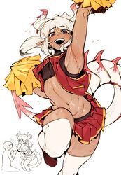 1boy athletic_male cheerleader doppel dragon femboy fit horn midriff original pointy_ears pom_poms ponytail ruby_(nox) skirt solo_focus sweat tagme tail thighhighs trap white_hair rating:Questionable score:301 user:Uglydude452