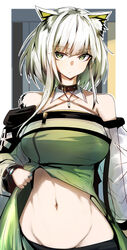 animal_ear_fluff animal_ears arknights cat_ears choker criss-cross_halter dress female gin_moku green_dress green_eyes green_hair halterneck highres jewelry kal'tsit_(arknights) lifted_by_self midriff navel off-shoulder_dress off-shoulder_jacket off_shoulder oripathy_lesion_(arknights) ring short_hair watch rating:Questionable score:85 user:Annnnra29