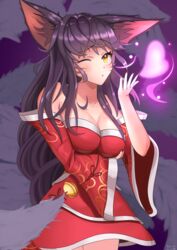 ahri black_hair blowing_kiss breasts cleavage dark_hair dress female female_only fox fox_ears fox_girl fox_tail heart kemonomimi kissing league_of_legends long_hair magic nine_tailed_fox pudding300 red_dress yellow_eyes rating:Questionable score:44 user:Pudding300