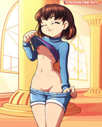 2020 areolae breasts brown_hair closed_eyes eyelashes female female_only flashing frisk light-skinned_female nipples pulling_down_shorts pussy reit shirt_lift shorts small_breasts smile standing striped_shirt undertale undertale_(series) undressing watermark rating:Explicit score:372 user:Epicgaming69