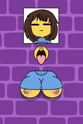 breasts brown_hair clothing frisk glory_hole open_mouth shy_jaz through_wall underboob undertale undertale_(series) yellow_body rating:Explicit score:58 user:Shy_Jaz