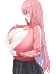 1girls big_breasts blue_eyes blush bocchi_the_rock! bra breasts breasts_outside chomikuplus clothed_female female female_only gotou_hitori huge_breasts light-skinned_female light_skin long_hair pink_hair skirt solo unzipped_jacket rating:Questionable score:59 user:Cursedcrow