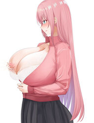 1girls big_breasts blue_eyes blush bocchi_the_rock! bra breast_milk breasts breasts_outside chomikuplus clothed_female female female_only gotou_hitori huge_breasts lactation light-skinned_female light_skin long_hair nipples pink_hair skirt solo unzipped_jacket rating:Explicit score:95 user:Cursedcrow