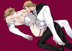 2boys abs ass black_pants blonde_hair braid bridal_gauntlets closed_eyes corset dio_brando father_and_son feet gay giorno_giovanna gloves huang_lia incest jewelry jojo's_bizarre_adventure long_hair long_sleeves lying male male_focus multiple_boys muscular muscular_male nipple_piercing nipples pants pectorals piercing ring smaller_dominant thighhighs white_gloves white_thighhighs yaoi rating:Questionable score:31 user:Kisumi