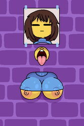 breasts brown_hair clothing frisk glory_hole open_mouth shy_jaz through_wall underboob undertale undertale_(series) yellow_body rating:Explicit score:63 user:Shy_Jaz