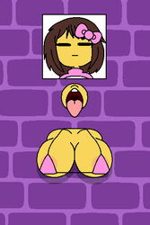 bikini_top bow breasts brown_hair clothing frisk glory_hole shy_jaz through_wall undertale undertale_(series) yellow_body rating:Explicit score:35 user:Shy_Jaz