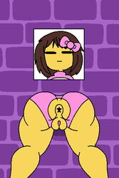 anus ass bikini_bottom bow brown_hair clothing frisk glory_hole shy_jaz through_wall undertale undertale_(series) yellow_body rating:Explicit score:32 user:Shy_Jaz