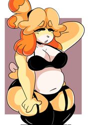 2022 animal_crossing anthro armpits big_breasts breasts canid canine canis chubby cleavage clothing dork_boi female fur furry furry_only isabelle_(animal_crossing) lewd_dorky lingerie nintendo solo solo_female tail thick_thighs thighs wide_hips rating:Questionable score:81 user:conmazda