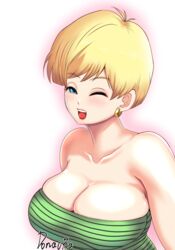 big_breasts blonde_hair blue_eyes cleavage donaora889 dragon_ball dragon_ball_z earrings erasa female female_only one_eye_closed short_hair smile solo solo_female solo_focus rating:Explicit score:76 user:Deku51