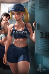 2girls android_18 ass background_character big_ass big_breasts blonde_hair blue_eyes bra breasts cameltoe clothing crop_top dragon_ball dragon_ball_z ear_piercing earrings elitenappa female female_only indoors locker locker_room looking_back panties piercing police police_uniform policewoman shorts sweat text text_on_clothing thick_thighs wide_hips rating:Questionable score:302 user:Rex_Hollins