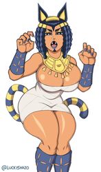 ankha_(cosplay) blue_lipstick blue_nails breasts ermes_costello fangs female heart_eyes huge_breasts jojo's_bizarre_adventure luckyshazo open_mouth painted_nails stone_ocean thick_thighs rating:Explicit score:93 user:Polik_