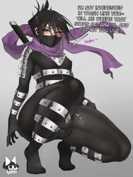 1boy balls bangs bodysuit bulge clothed clothing crouching dialogue english_text femboy flaccid fully_clothed human iyarin light-skinned_male light_skin male male_only mask ninja nipple_bulge offscreen_male one-punch_man penis purple_eyes scarf simple_background solo speed-o'-sound_sonic sword text thick_thighs tiptoes wide_hips rating:Questionable score:373 user:starfapzero