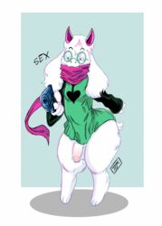 1boy anthro anthro_only balls big_ass black_sleeves deltarune deltarune_chapter_2 digital_media_(artwork) femboy fluffy_ears glasses goat_humanoid green_clothing gun hi_res highres horns humanoid kojoarts looking_at_viewer male male_focus male_only naughtypaw_(artist) penis pink_horns pink_scarf pointing_gun ralsei ralsei_(deltarune) ralsei_with_white_fur scarf simple_background solo solo_male thick_thighs ttherandom tthrandom tthrandom_rp white_fur white_hair wide_hips rating:Explicit score:43 user:Ttherandom