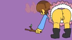 1girls 2d animated ass bending_over brown_hair female female_only frisk johan_34 no_panties picking_up pussy simple_background solo stick undertale undertale_(series) yellow_skin rating:Explicit score:34 user:Johan_34