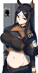 1girls 1other ambiguous_gender animal_ears arknights bangs big_breasts black_gloves black_hair border breasts bright_pupils busty crop_top dobermann_(arknights) doctor dog_ears female female_only gin_moku gloves hand_on_hip highres large_breasts long_hair midriff navel outside_border parted_bangs short_eyebrows voluptuous white_border white_pupils rating:Questionable score:132 user:spk120