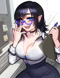 1girls adjusting_glasses artist_logo artist_name artist_signature bangs beauty_mark big_breasts black_hair blouse blue_eyes blue_nails blush blushypixy blushyspicy bra breasts choker cleavage clothed clothing computer computer_chair computer_monitor computer_screen detailed detailed_background devious_grin devious_smile digital_media_(artwork) ear_piercing earrings eyebrows eyebrows_visible_through_hair eyelashes eyelashes_visible_through_hair eyeliner eyes_open fangs female female_focus female_only formal formal_attire formal_clothes formal_wear glasses hair half_vampire hi_res holding_clipboard holding_object holding_pen implied_dialogue interaction large_breasts legs_out_of_frame lingerie lipstick long_hair long_sleeves looking_at_viewer makeup mammal medium_hair mole nail_polish not_furry not_furry_focus not_nsfw oc open_eyes open_mouth original original_character partially_nude pen pointy_ears secretary see-through sfw shirt sitting skirt slight_blush smile smiling_at_viewer solo solo_focus suggestive suggestive_look talking talking_to_viewer tight_clothing tight_fit toothy_smile upper_body vampire vampy_(blushypixy) viewed_from_above vivian_(blushyspicy) watermark wide_hips workplace you rating:Questionable score:374 user:gusfring456