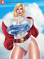 belt blonde_hair blue_eyes cape cleavage cleavage_cutout dc dc_comics erect_nipples gloves huge_breasts lanio_sena leotard medium_hair power_girl voluptuous rating:Questionable score:13 user:TheKindHaremMaster