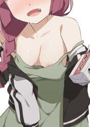 1girls blush bocchi_the_rock! braid braided_hair braided_ponytail breast_focus breasts dress female green_clothing green_dress hiroi_kikuri jacket juice juice_box morisobo nipple_slip nipples nipslip no_bra one_tooth open_mouth red_hair ribbon ribbon_in_hair sharp_teeth solo strap_slip sweat sweating sweaty tongue rating:Explicit score:272 user:RaymondYaoi