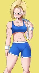 1girls 2020s 2022 abs adult android android_18 ascended/redeemed_villainess biceps blonde_hair blue_bra blue_eyes blue_shorts blush bra breasts cleavage clothing collarbone commentary crop_top dolphin_shorts dragon_ball dragon_ball_super echosaber english_commentary female female_only front_view fully_clothed gynoid heroine highres light-skinned_female light_skin looking_away medium_breasts midriff mixed_emotions muscles muscular muscular_female navel pale_skin serious short_hair shorts side_slit simple_background solo solo_female sports_bra sportswear standing stomach sweat sweaty_legs text_on_bottomwear tomboy toned two_tone_bottomwear two_tone_bottomwear_(blueandwhite) underwear wristband wristwear yellow_background rating:Safe score:200 user:Crcole331