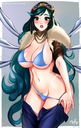 aviator_irelia blue_hair bra green_eyes huge_breasts irelia_xan league_of_legends merellyne panties pubic_hair pulling_panties riot_games simple_background stripping the_grind_series rating:Questionable score:72 user:AkalisTummy