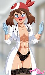 alluring athletic_female brown_hair cleavage female_abs fit_female lab_coat lingerie may_(pokemon) no_bra panties pk-studios pokemon pokemon_(anime) pokemon_rse thighhighs rating:Questionable score:56 user:VladSeville