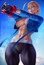 1girls abs alternate_version_available artist_logo artist_signature belly big_breasts black_legs black_legwear blonde_hair blue_eyes blue_jacket breasts cammy_white capcom daytime female fighter fit fit_female inner_sideboob jacket looking_at_viewer no_bra olchas pale-skinned_female seductive short_hair sky solo standing street_fighter street_fighter_6 video_game_character rating:Explicit score:189 user:Spidey776