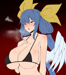 1girls angel_wings bangs bare_shoulders bikini bikini_top_only blue_hair blush breasts breath collarbone dizzy_(guilty_gear) female fuuma_(bangolga1) guilty_gear hair_between_eyes hair_rings half-closed_eyes hand_on_own_chest highres large_breasts long_hair mature_female milf open_mouth red_background red_eyes ribbon sagging_breasts sideboob sidelocks single_wing skindentation solo steam steaming_body sweat sweatdrop swimsuit twintails underboob upper_body wings yellow_ribbon rating:Questionable score:32 user:vagabond512