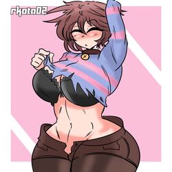 big_breasts black_bra bra frisk lifting_clothing rkota02 surprised_expression thick_thighs undertale undertale_(series) rating:Questionable score:120 user:Oscarnamal