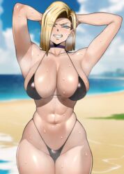 alternate_version_at_source android_18 armpits arms_up beach belly big_breasts bikini bikini_bottom bikini_top black_bikini black_bikini_bottom black_bikini_top blonde blonde_hair blue_eyes blurry_background blush bob_cut boobs breasts choker cleavage covered_nipples covered_pussy dragon_ball dragon_ball_z eye_visible_through_hair eyebrows_visible_through_hair eyelashes hands_behind_head katsuyoshi looking_at_viewer navel outdoors outside purple_choker shiny_skin smile smiling steamy_breath sweat sweatdrop sweating sweaty sweaty_body teeth thick_thighs thighs tits wet rating:Questionable score:155 user:St1rolvamp3ler