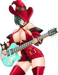 bare_shoulders black_panties blush bob_cut breasts cleavage female fingerless_gloves gloves green_eyes green_hair guilty_gear guitar hat i-no large_breasts lowres nail_polish panties red_dress short_hair simple_background thighhighs warnerc witch witch_hat rating:Questionable score:18 user:bot