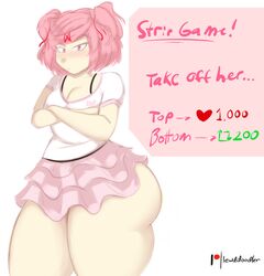 1girls ass big_ass clothing doki_doki_literature_club female female_only lewddoodler light-skinned_female light_skin natsuki_(doki_doki_literature_club) pink_hair solo strip_game thick_thighs wide_hips rating:Questionable score:137 user:Rex_Hollins